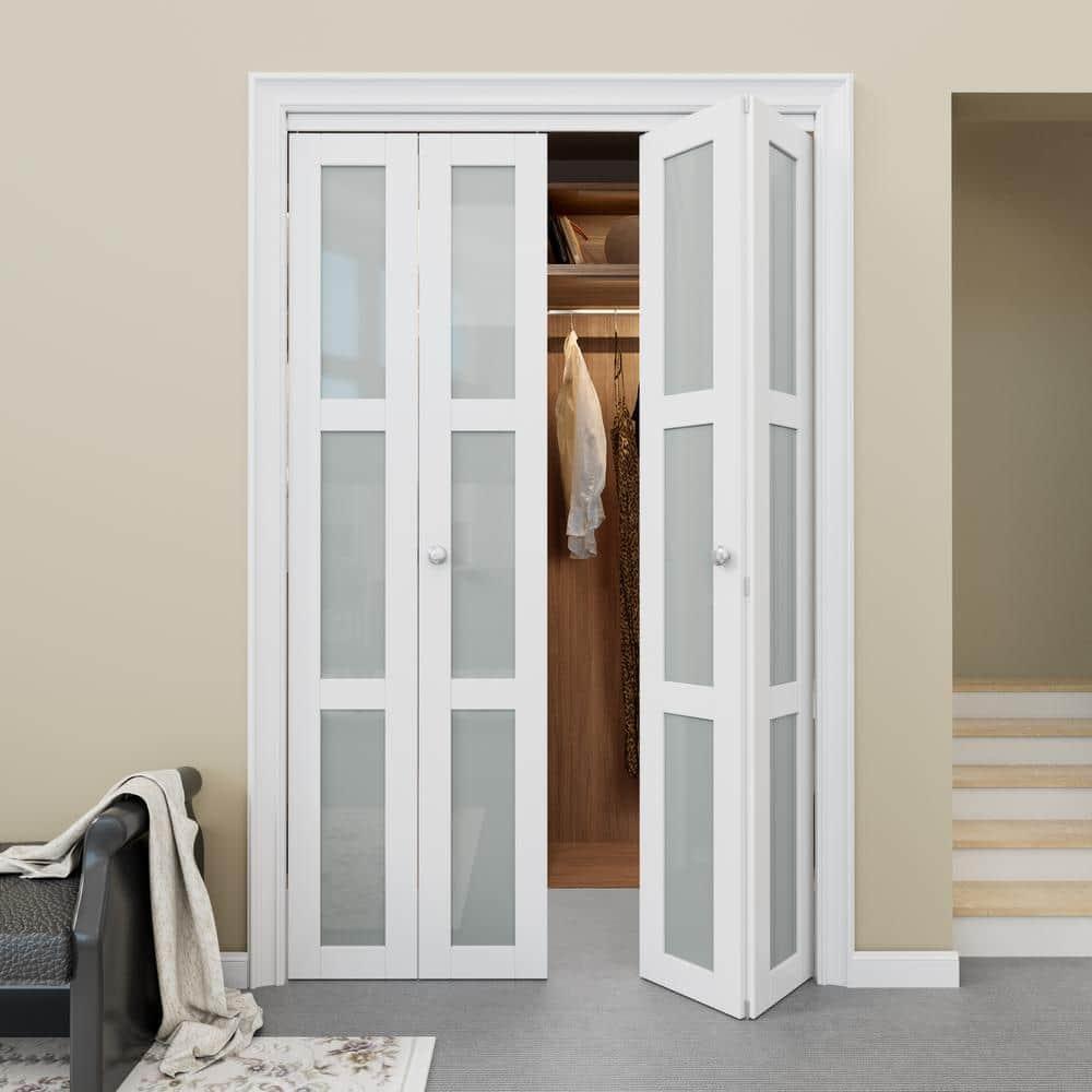 Frosted Glass And Solid Manufactured Wood Bi-Fold Door With Installation Hardware Kit