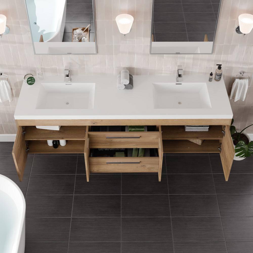 Wade Logan® Wauconda 72"W X 20"D Wall Mount Double Sink Bathroom Vanity With White Acrylic Countertop And Integrated Sinks