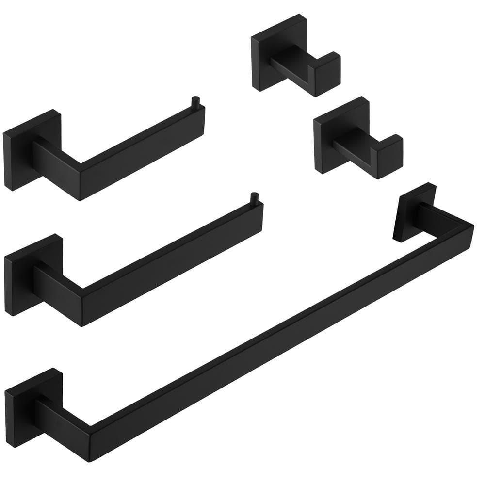 BWE 5 Pieces Matte Black Bathroom Hardware Set SUS304 Stainless Steel Include 21.9" Towel Bar,Hand Towel Holder,Toilet Paper Holder and 2 Robe Hook Square Bathroom Accessories Set Wall Mounted