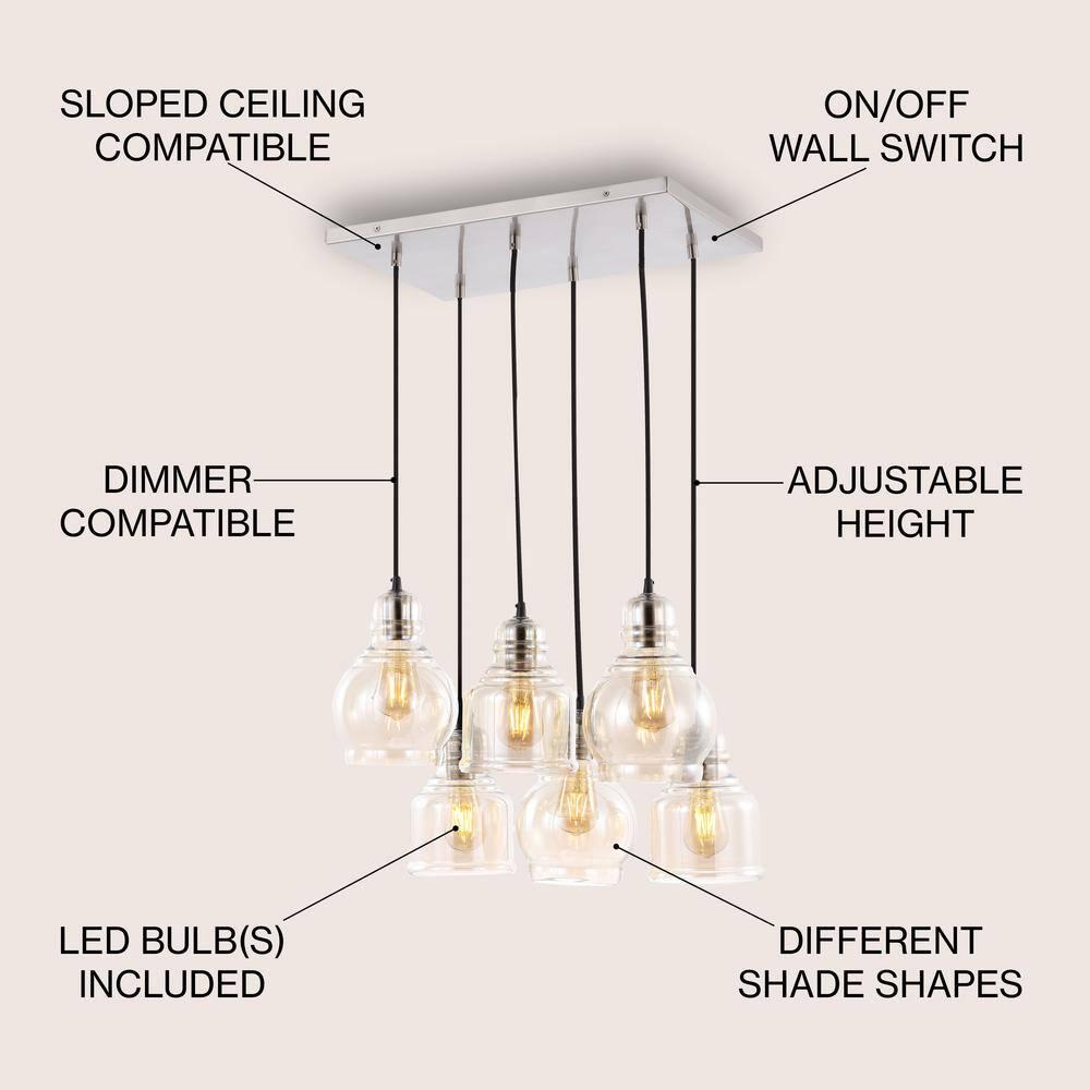 Sydney 18.88" 6-Light Bohemian Farmhouse Iron/Glass Cluster LED Pendant, Nickel/Champagne