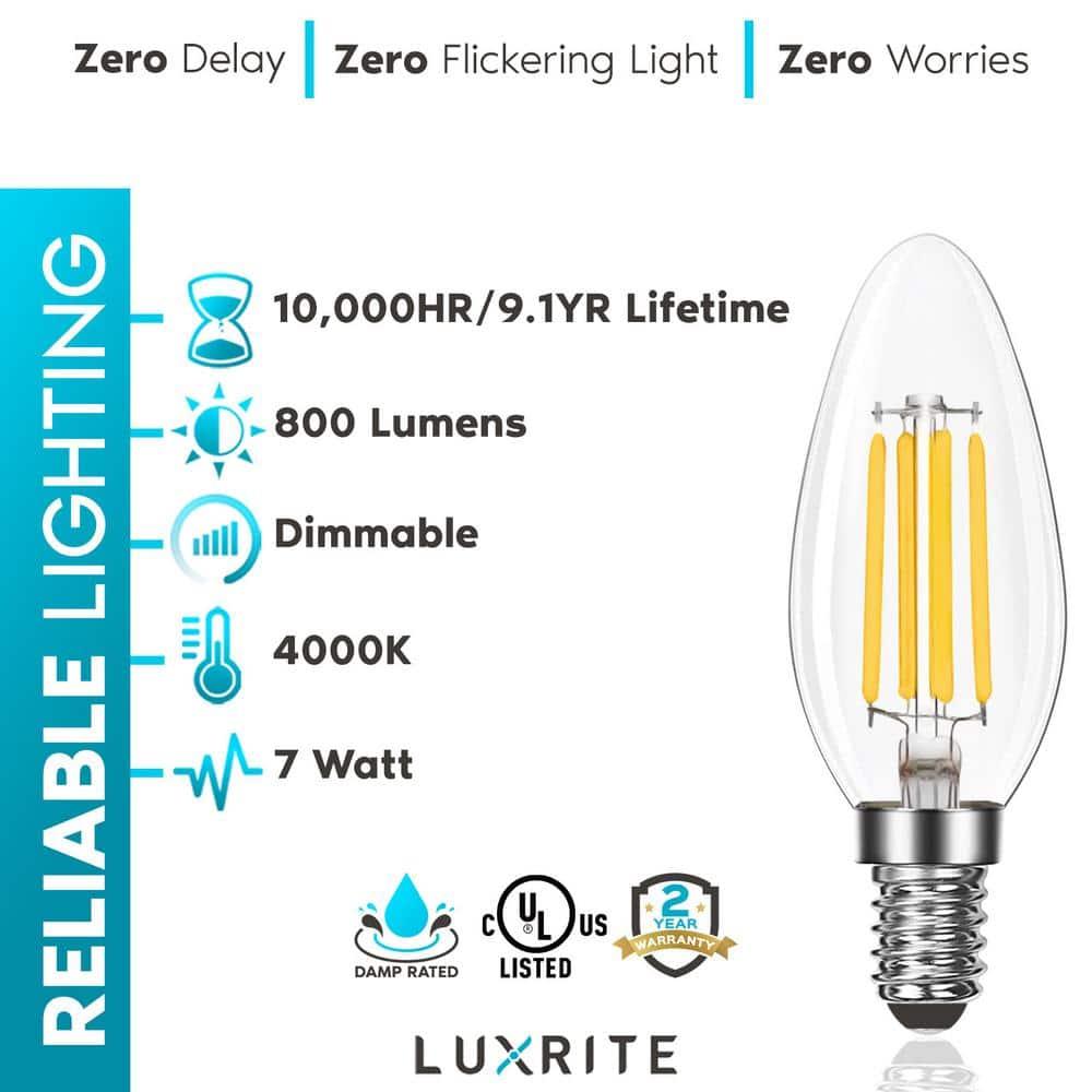 Luxrite 7W Candelabra LED Light Bulbs 100 Watt Equivalent 4000K Cool White 800 Lumens B11 Dimmable Damp Rated E12 6-Pack