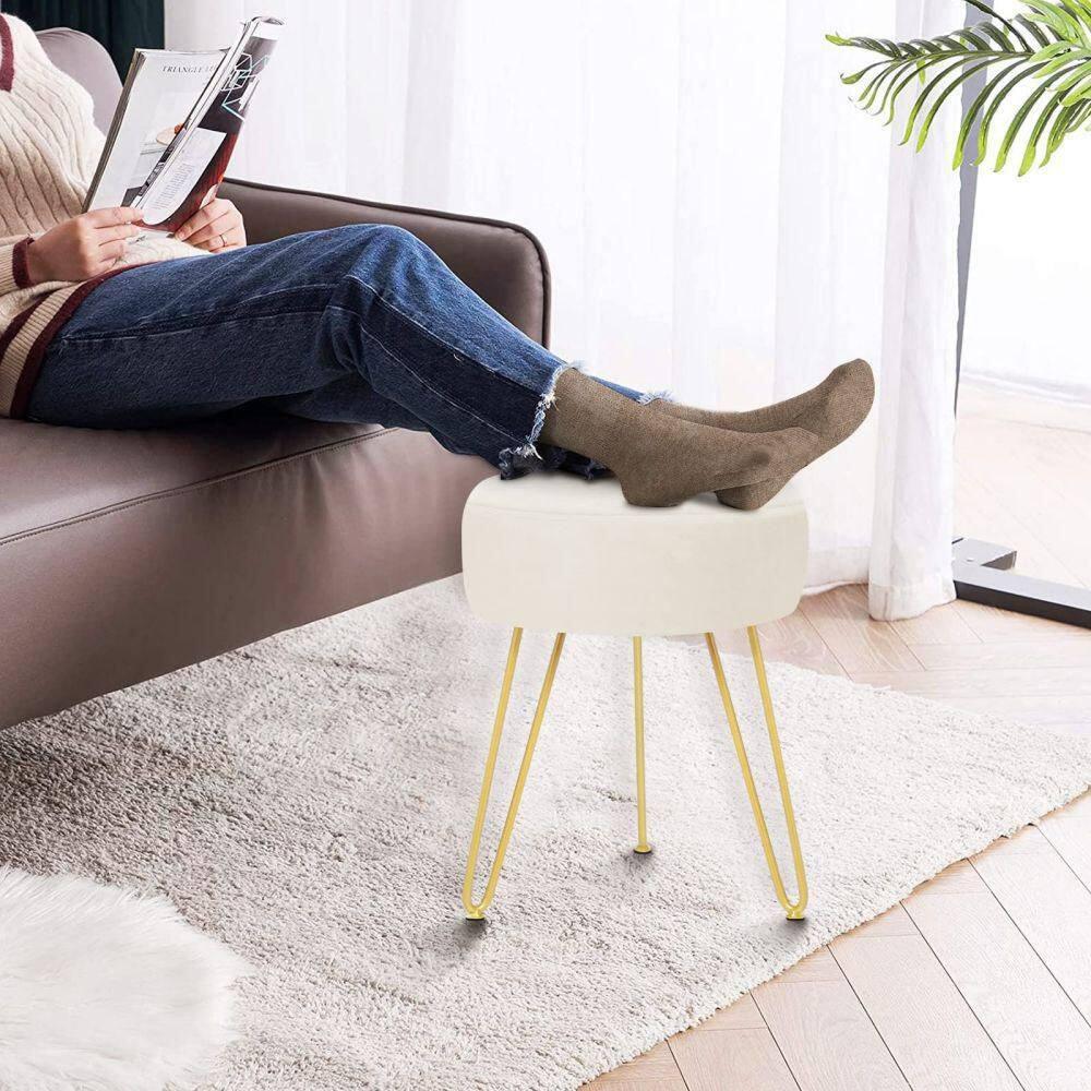 GERANT Multifunctional Vanity Stools - Velvet Round Ottoman Modern Dressing Stool -Upholstered Footrest Stool - Side Table Footstool with Golden Metal Leg for Living Room, Bedroom(Beige)