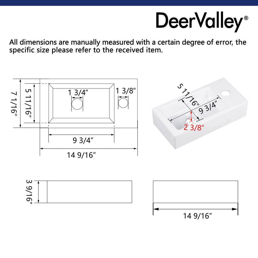 DeerValley DV-1V081R White Ceramic Rectangular 7'' Wall Mount Bathroom Sink