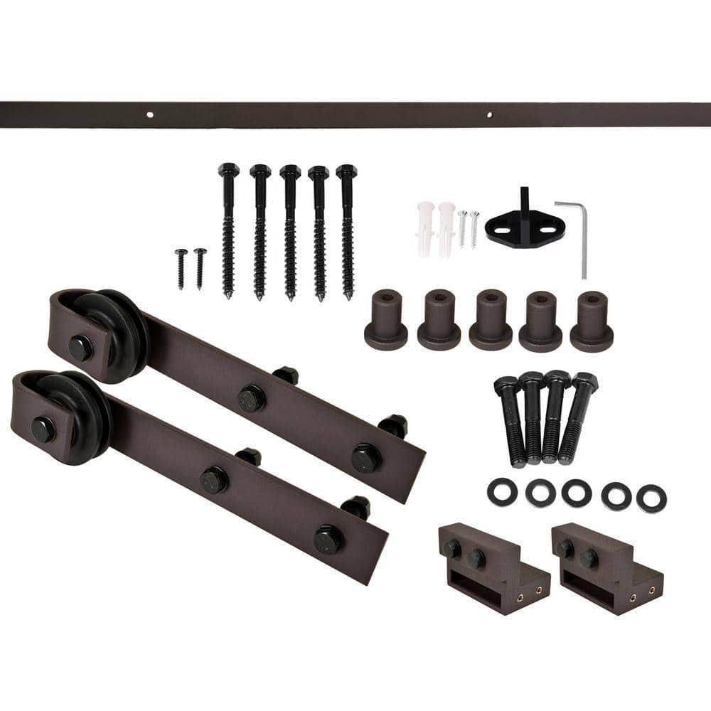 84 in Weather Gray Knotty Pine Wood Double Sliding Barn Door with Hardware Kit