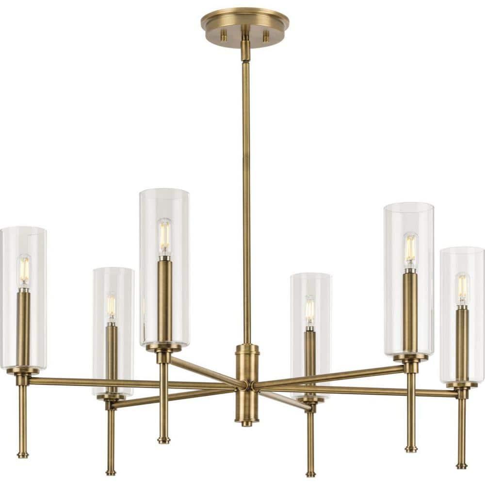 Progress Lighting Elara 6-Light Chandelier, Vintage Brass, Clear Glass Shades