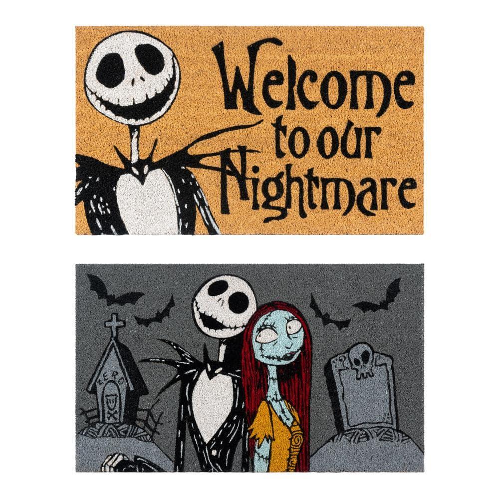 Disney Nightmare Before Christmas Jack Sally Welcome Black White Natural Graphic Non-Slip Indoor/ Outdoor Coir Door Mat 2-Pack, 20x34 (Set of 2)