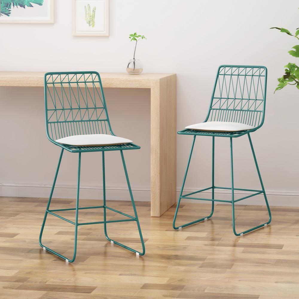 Noble House Walcott 26" Geometric Metal Counter Stools in Blue/Ivory (Set of 2)
