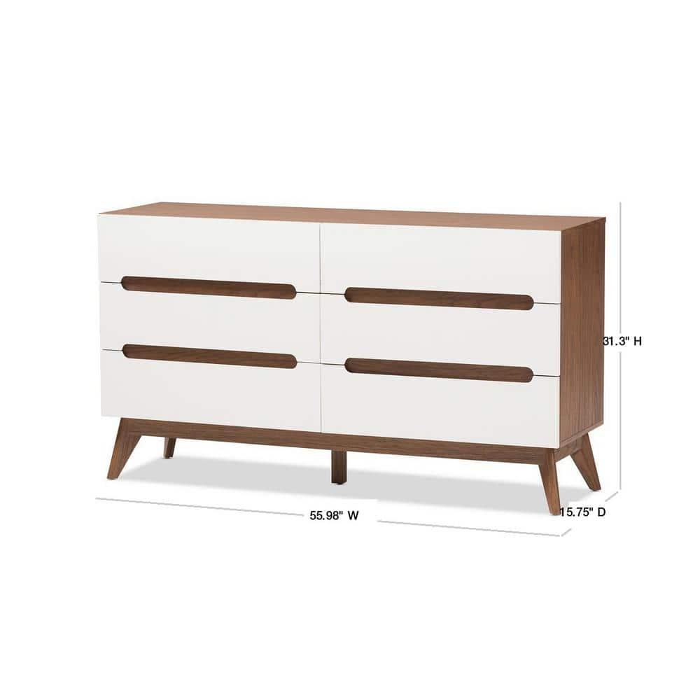 Baxton Studio Calypso Mid-Century Modern White and Walnut Wood 6-Drawer Storage Dresser