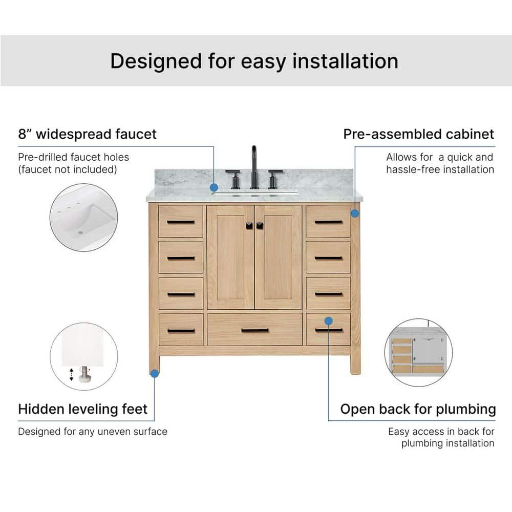 Ariel Cambridge 43 Inch Bathroom Vanity With Italian Carrara Marble Countertop 0.75 inch In Oak