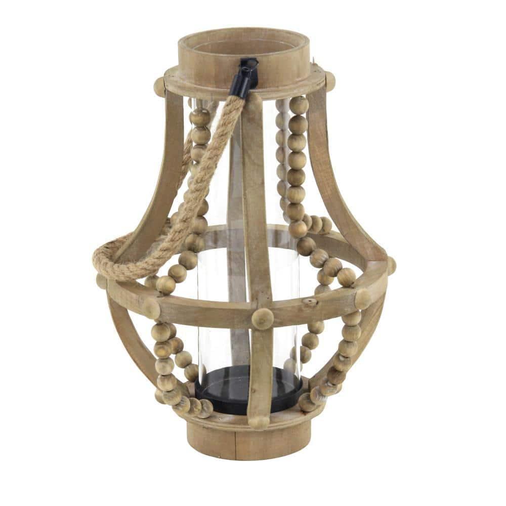 Olivia & May 16" x 10" Rustic Wood/Glass Candle Holder with Rope Handle Beige : Wooden Lantern, Tall Pillar Style