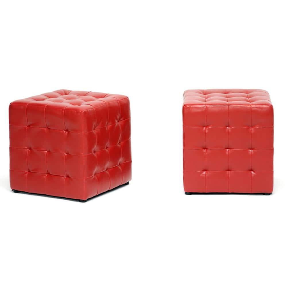 Set of 2 Siskal Modern Cube Ottoman Red - Baxton Studio: Faux Leather, No Assembly, Wood Frame