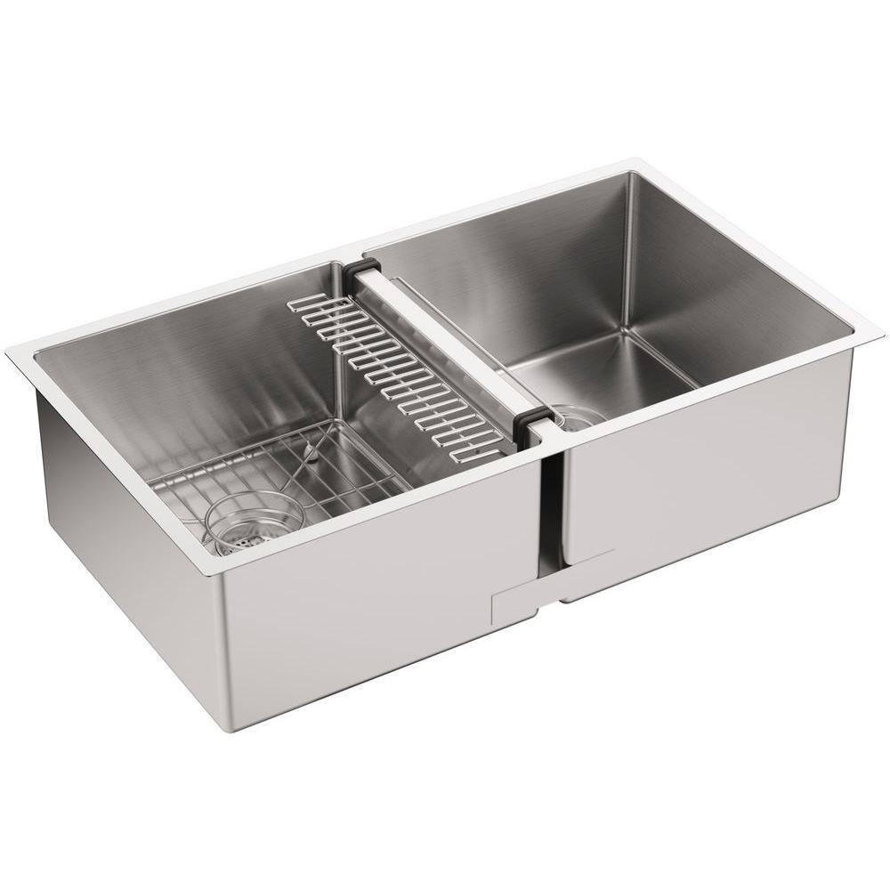 Strive 32" L x 18-1/4" W x 9-5/16" Under-Mount Double-Equal Kitchen Sink with Basin Rack