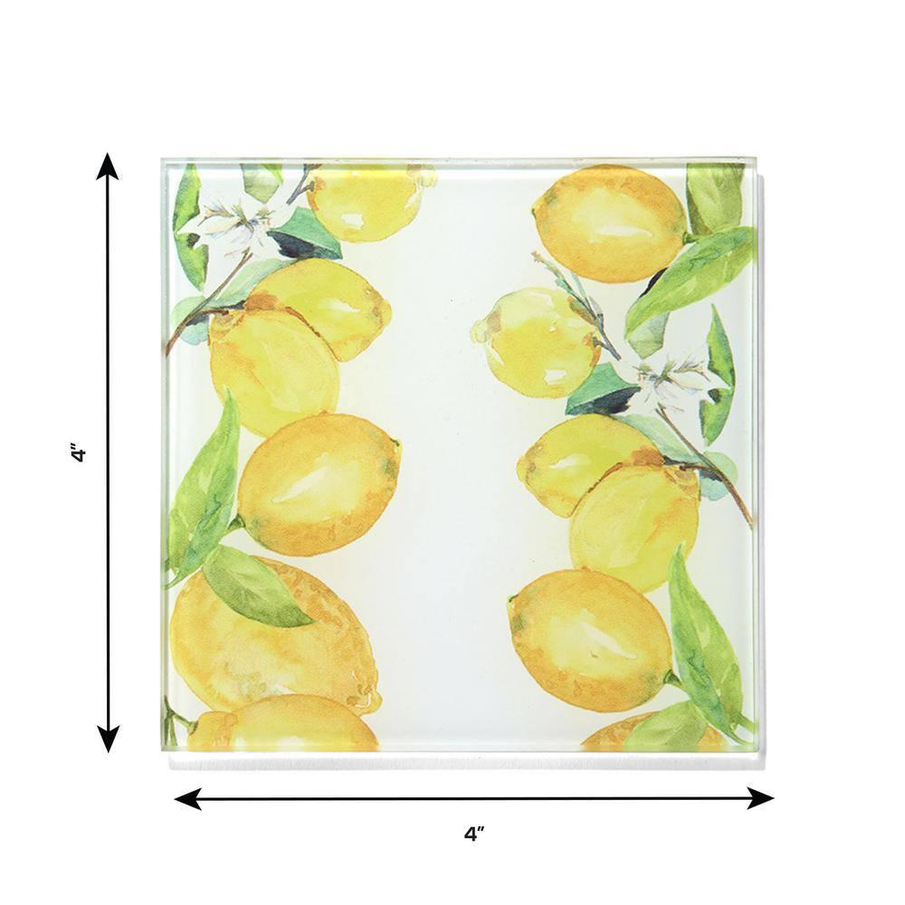 American Atelier, Square, Yellow Glass Drink Coasters (Lemon Branches), Set of 4