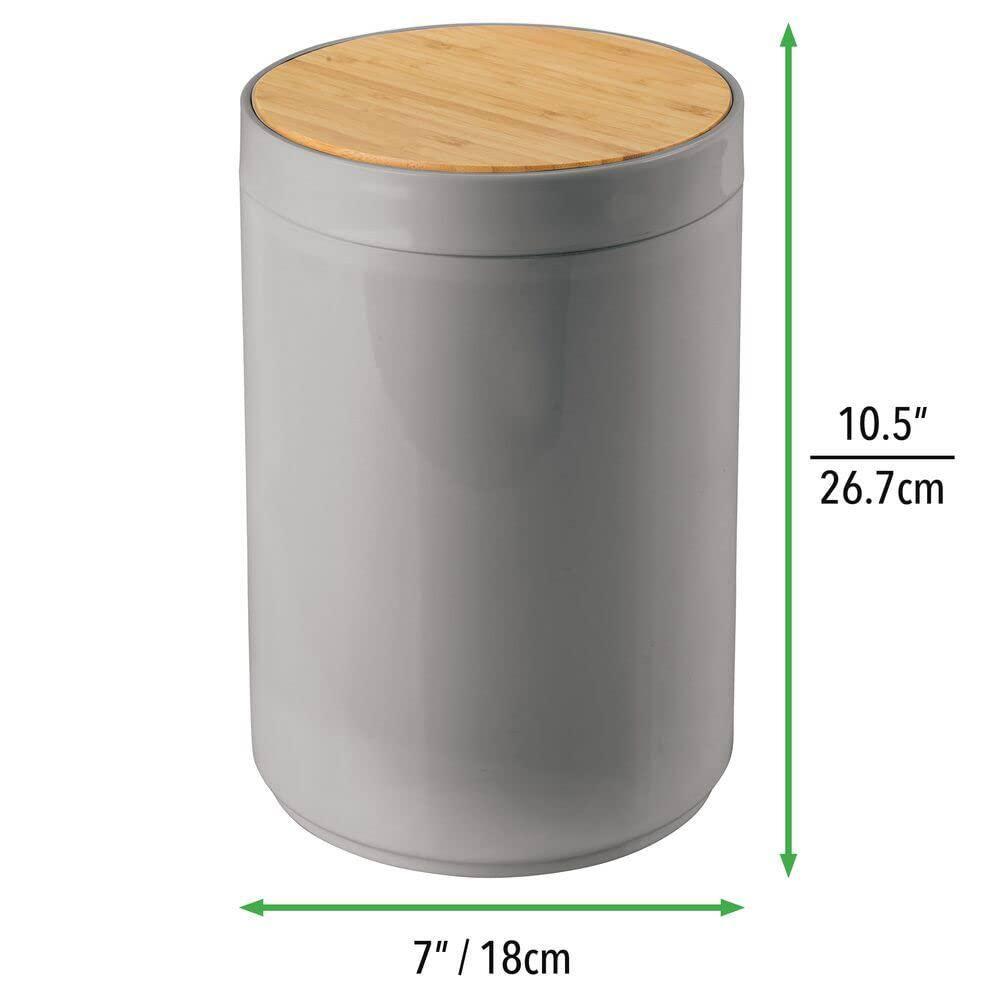 mDesign Plastic Round Trash Can Small with Swing-Close Lid - Gray/Natural