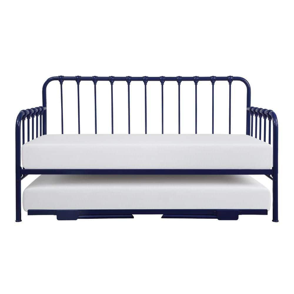 Benjara Ziva Daybed with Lift Up Trundle, Navy Blue Metal Frame, Folding Legs