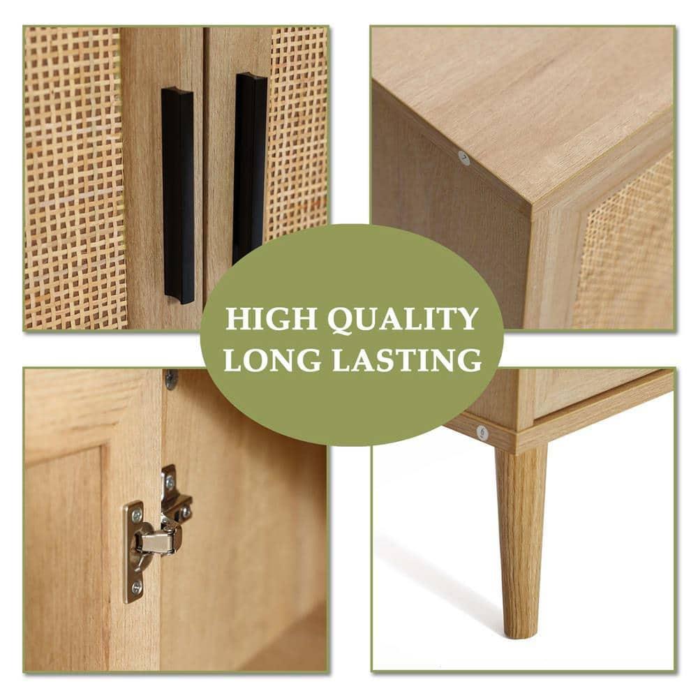 LuxenHome Rattan Buffet Cabinet with Storage, 47" Light Oak Finish Wood Accent Sideboard Cabinet with 3-Door, Boho Coffee Bar Console Table