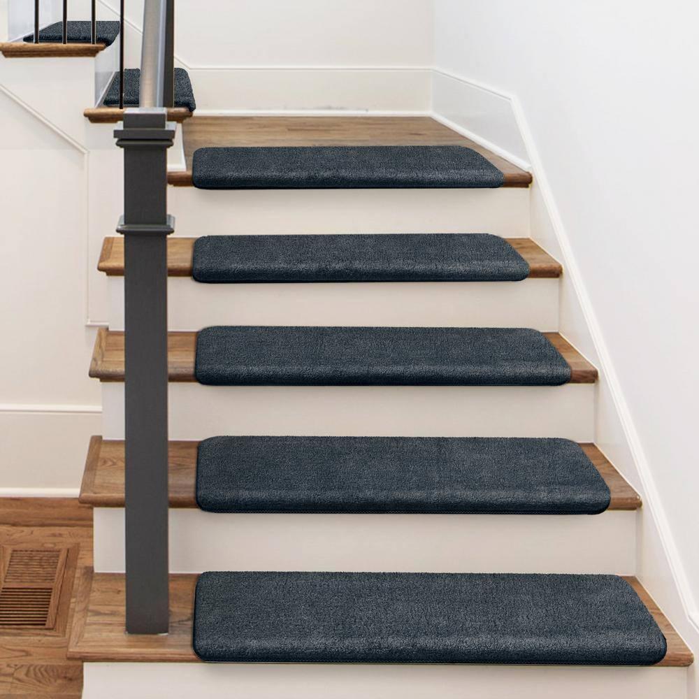 PURE ERA Non-Slip Ultra Plush Soft Bullnose Carpet Stair Treads Set of 14 Tape Free Washable Self Adhesive Dark Grey 9.5" x 30"x1.2"