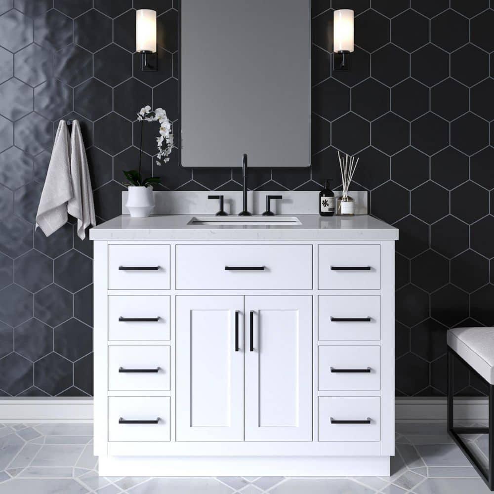 Wildon Home® Tidworth 42'' Solid Wood Single Bathroom Vanity with 1.5'' Carrara Quartz Top, Rectangular Sink