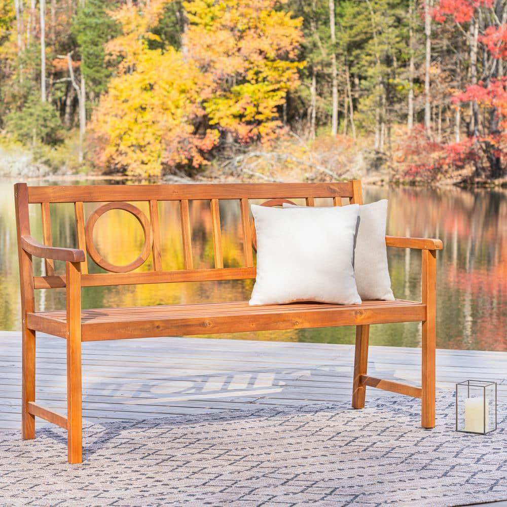 Apollo 3-Seat Circle-Back Acacia Wood Outdoor Garden Patio Bench, Teak - JONATHAN Y