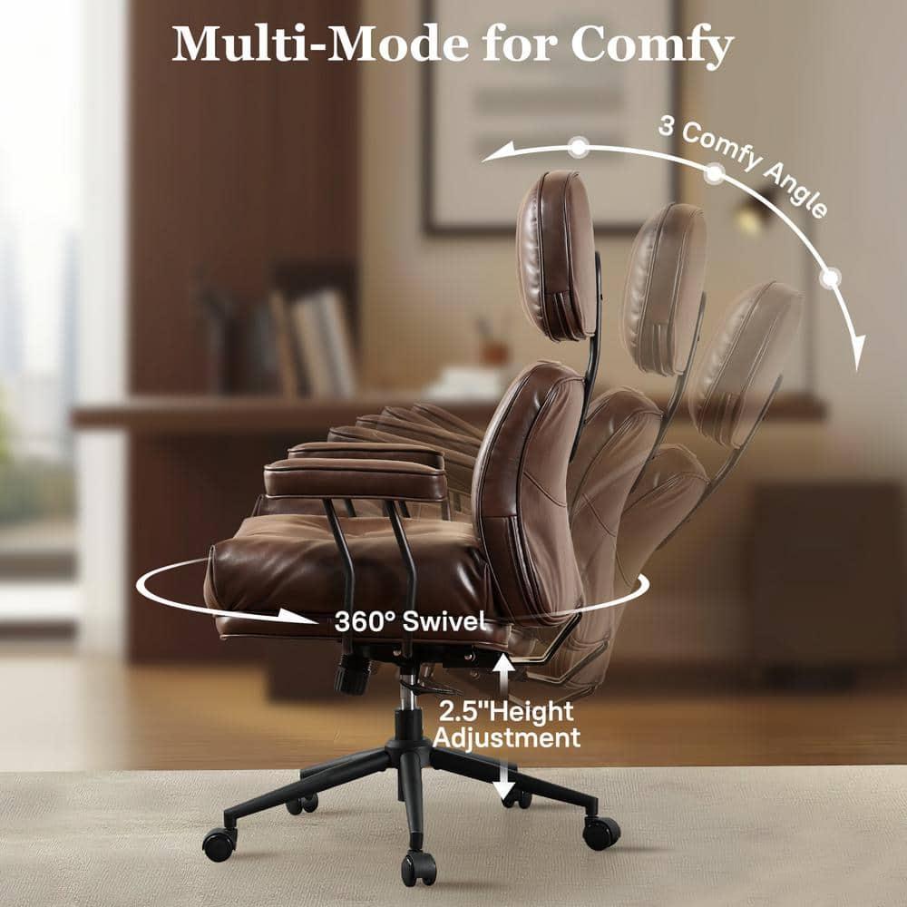 Kro PU Fabric Swivel Ergonomic Office Task Chair in Dark Brown with Recliner High Back Lumbar Support Adjustable Arms