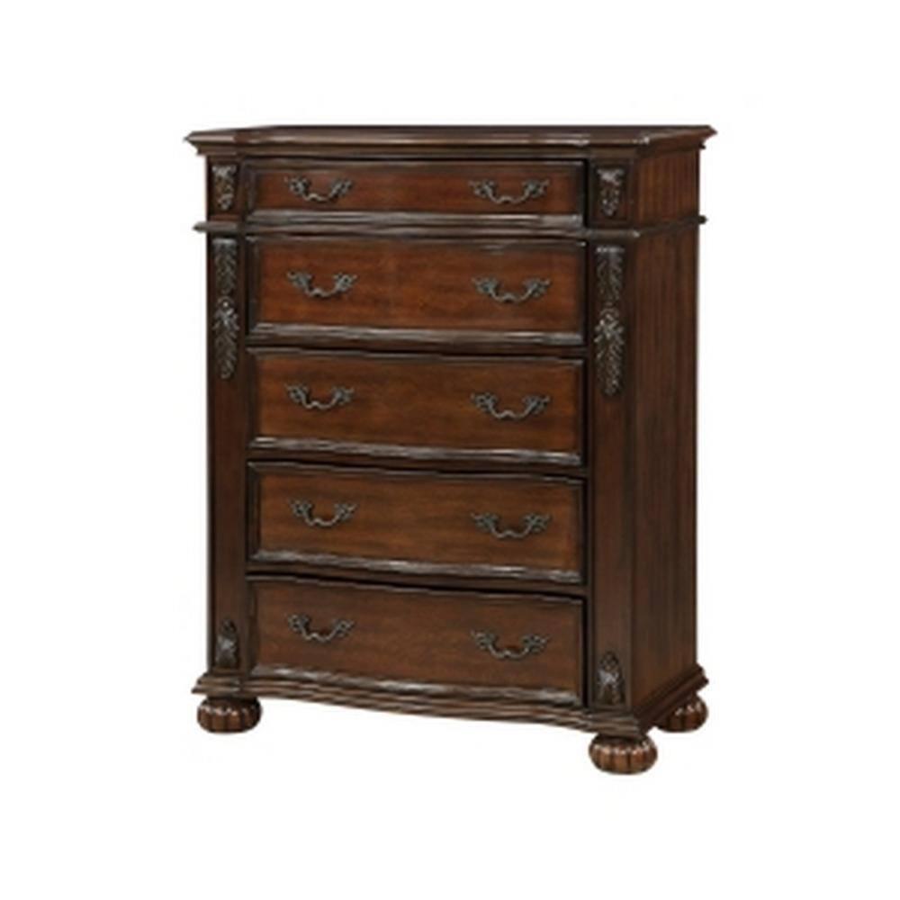 Benjara Nami 50 Inch Tall Dresser Chest, 5 Drawers, Carved Cherry Brown Solid Wood