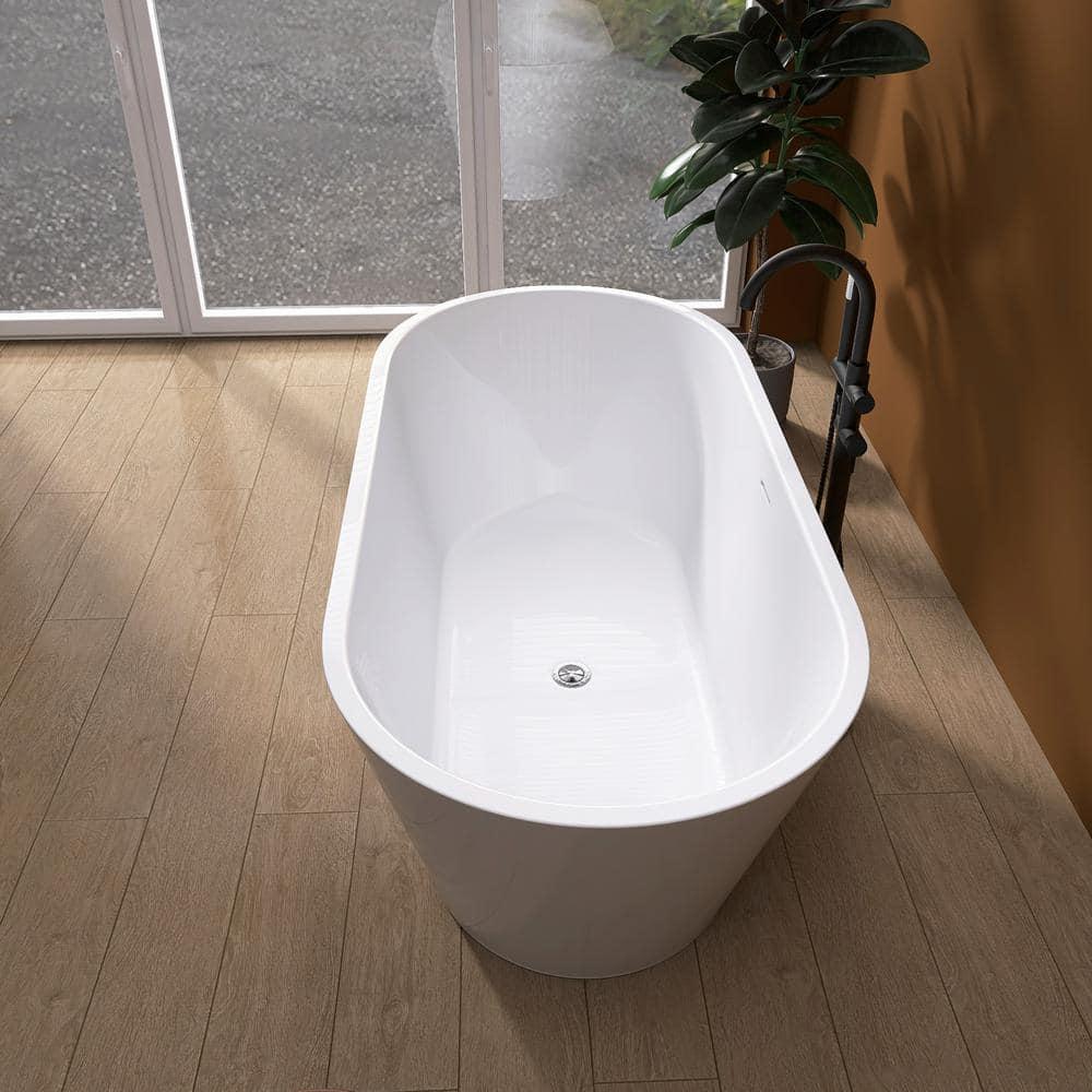 55" Freestanding Soaking Acrylic Bathtub Contemporary Stand Alone Tub with Pop-Up Drain
