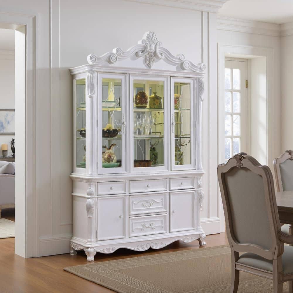 Benjara Zenie Buffet Cabinet and Hutch, Classic Carved Details, White Solid Wood