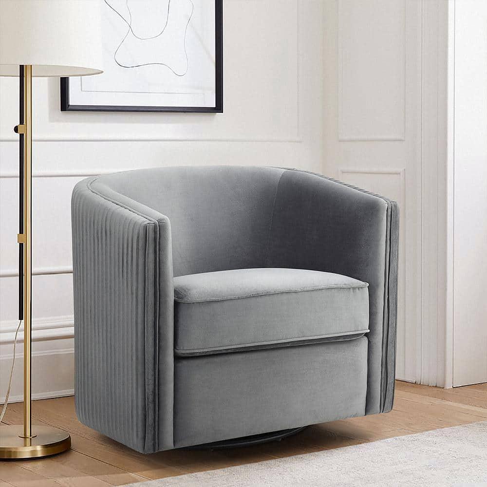 Lexicon Cecily Traditional Velvet Swivel Accent Chair with Tuxedo Arm in Gray