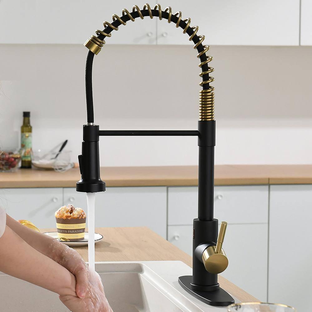 GIMILI Black and Gold Touchless Kitchen Faucet with Pull Down Sprayer Motion Sensor Smart Hands-Free Activated Single Hole Spring Faucet for Kitchen Sink