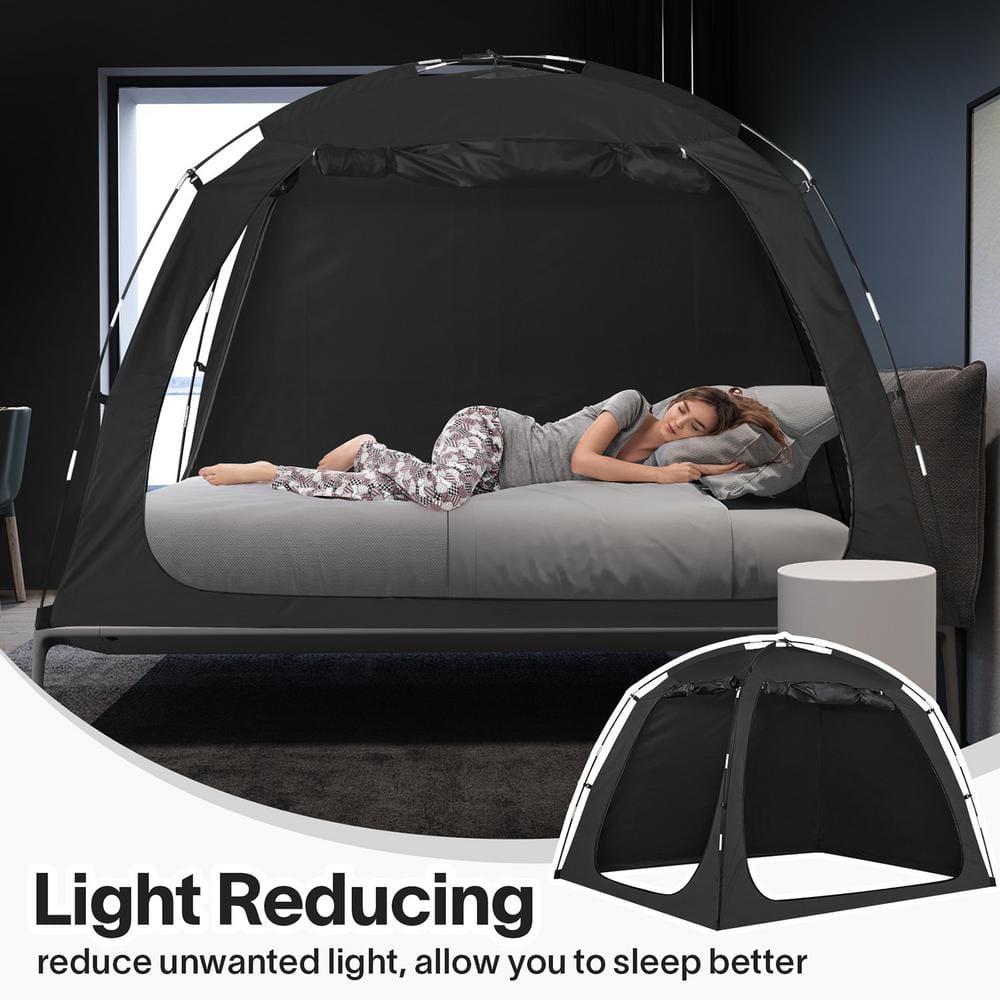 EighteenTek Bed Tent Canopy With Light Strip - Pop Up Privacy Sleeping Tent with 2 Doors, Light Reducing & Breathable Design, Portable Frame, Black