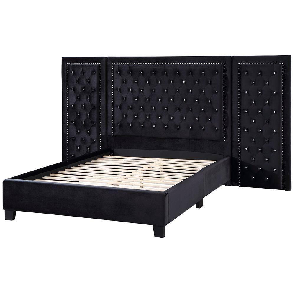 Damazy 86" King Bed Black Velvet - Acme Furniture: Crystal-like Tufting, Nailhead Trim, No Box Spring Required