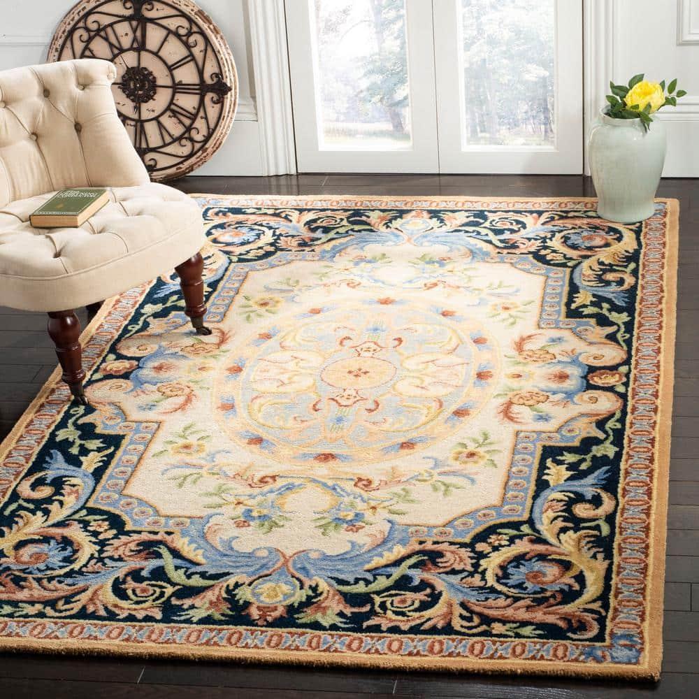 Savonnerie SAV116 Hand Tufted Area Rug - Ivory/Navy - 6'x6' - Safavieh.