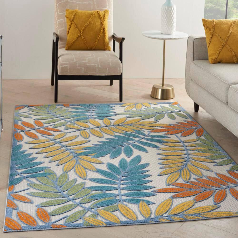Nourison Aloha Floral Leaf Flatweave High-Low Indoor Outdoor Area Rug Ivory/Multi 5'3" x 7'5"