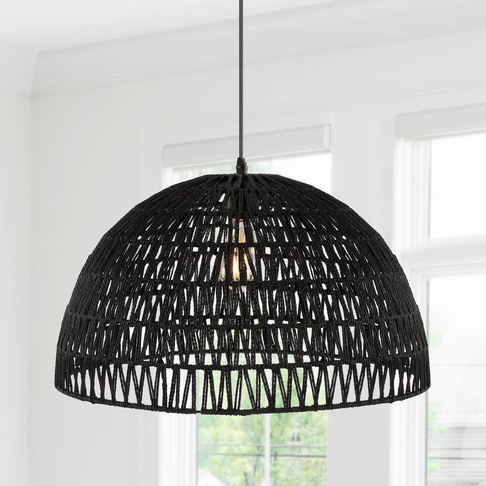 Campana 20" 1-Light Bohemian Modern Woven Rope/Iron LED Pendant, Black