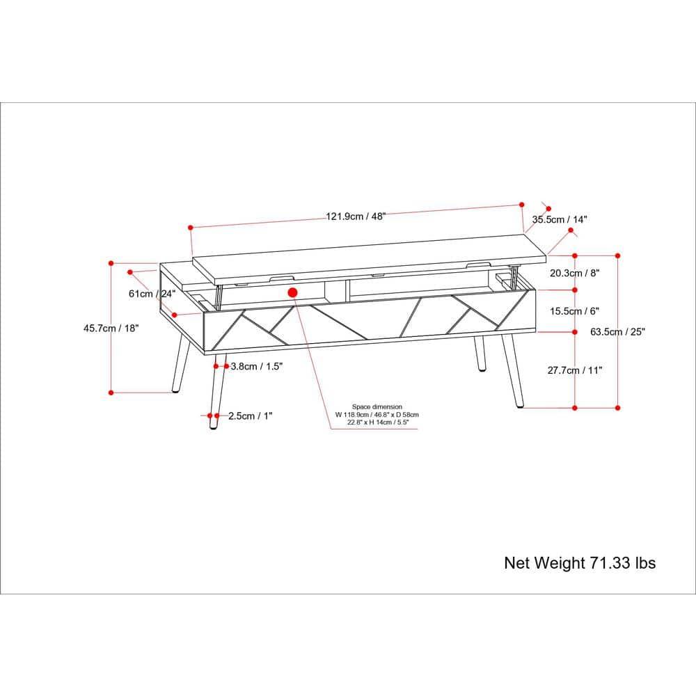 Simpli Home Jager 48"W Solid Mango Wood Contemporary Modern Lift Top Coffee Table with Hidden Storage and Geometric Brass Inlay