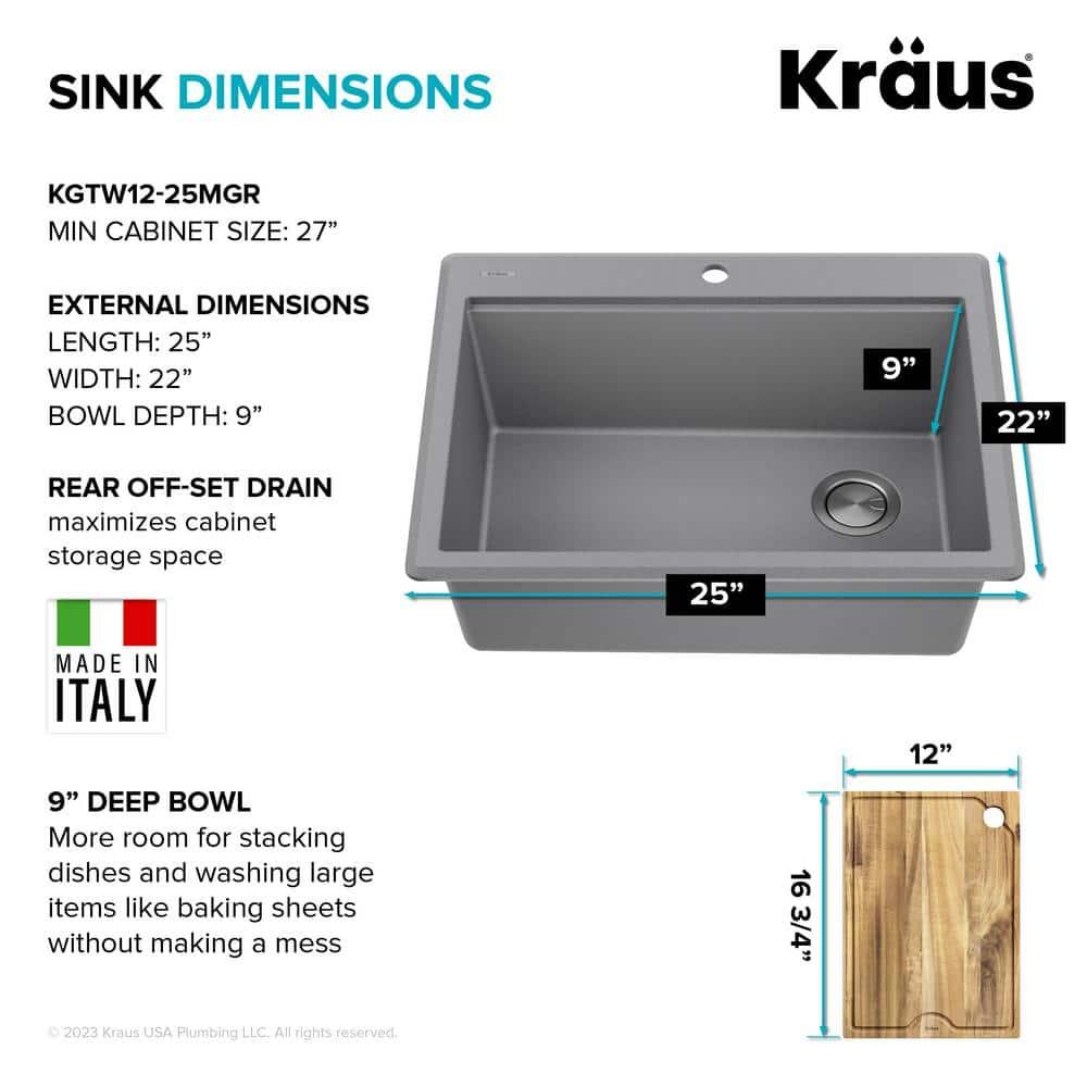 Kraus KGTW12-25MGR KRAUS Bellucci Granite Composite Workstation Drop-In Top Mount Single Bowl Kitchen Sink with Accessories