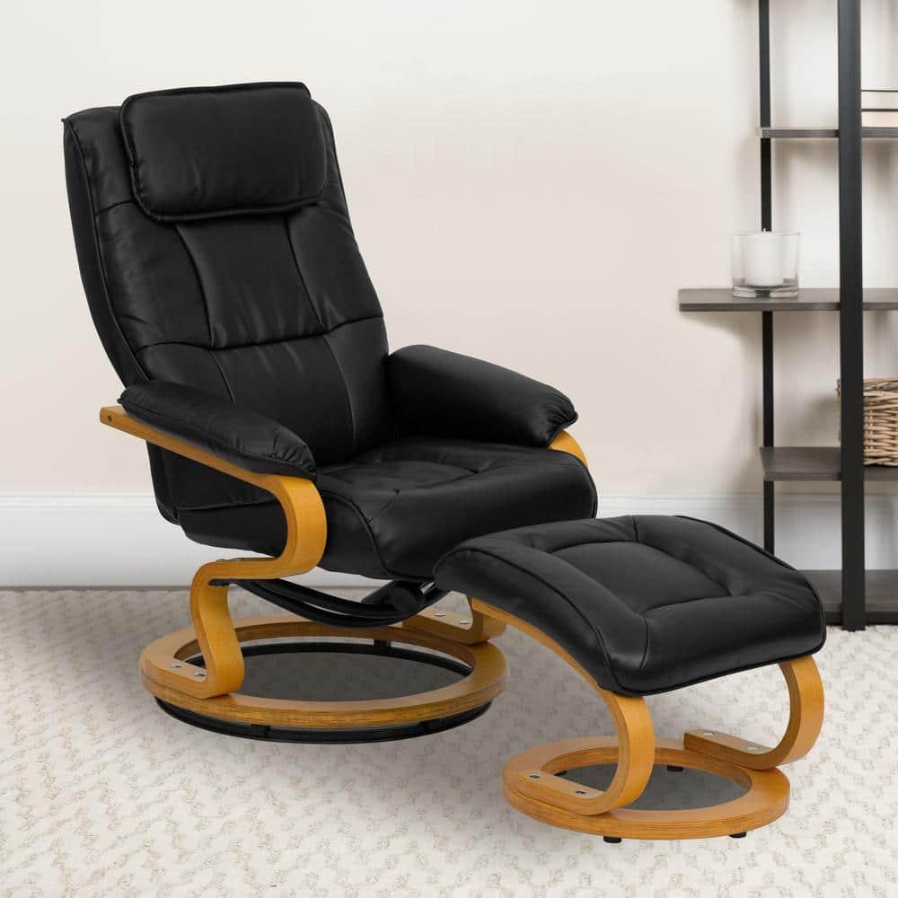 Flash Furniture Davies Contemporary Adjustable Recliner and Ottoman with Swivel Maple Wood Base in Black LeatherSoft