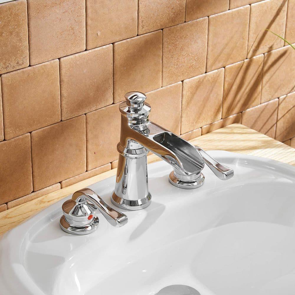 BWE 8 in. Waterfall Widespread 2-Handle Bathroom Faucet With Drain Assembly