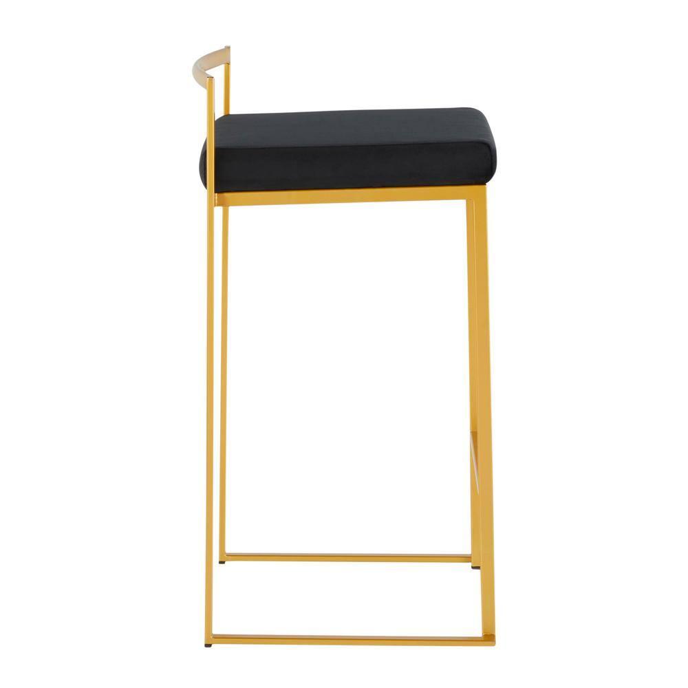 31" Set of 2 Fuji Contemporary Stackable Barstools Gold/Black Velvet - LumiSource: Metal Frame, Padded Seat