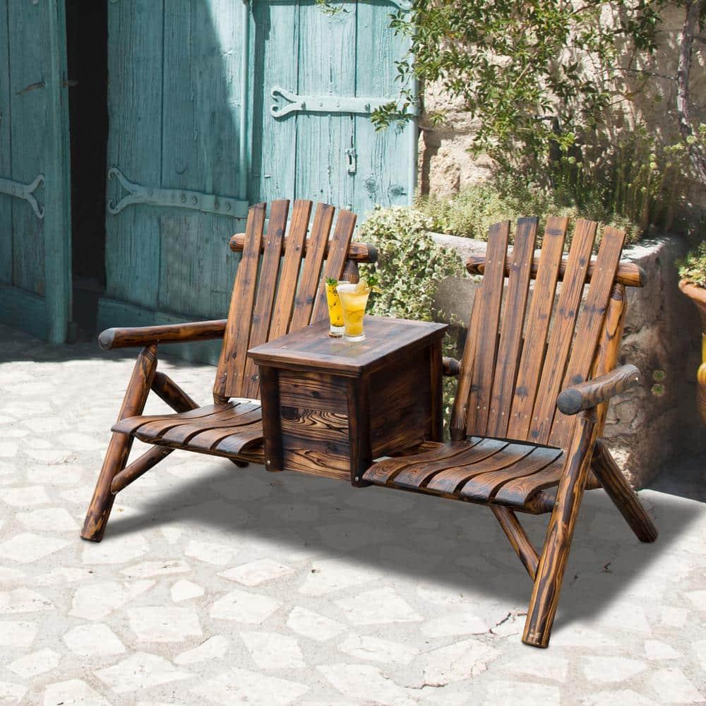 Outsunny Wooden Double Adirondack Chair Loveseat with Inset Ice Bucket, Table, Rustic Look, & Weather-Resistant Varnish
