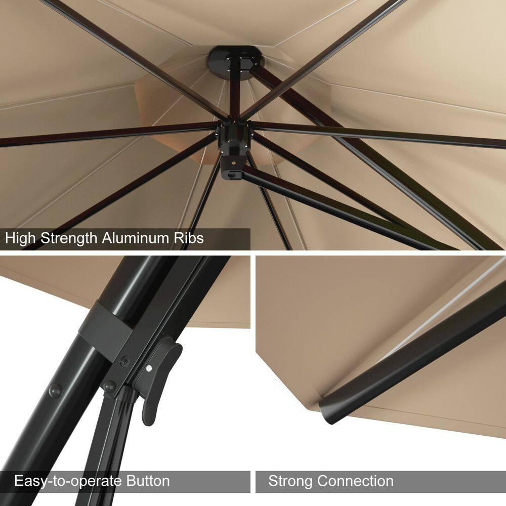 Canddidliike 11 Feet Outdoor Cantilever Hanging Umbrella with Base and Wheels-Tan, Patio Offset Umbrella with Easy Tilt Adjustment, Offset Hanging Umbrella, Sunshade Umbrella Canopy