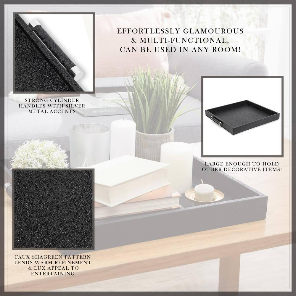 Decorative Serving Tray-Black Shagreen Square with Stainless Steel Silver Handles 18.11 X 18.11 X 1.96" Polyurethane