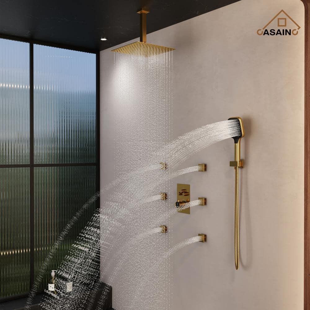 CASAINC CS6221-12BG Revitalize 3-Function 12 Inch Ceiling Mount Rainfall Thermostatic Shower System with 6 Body Jets