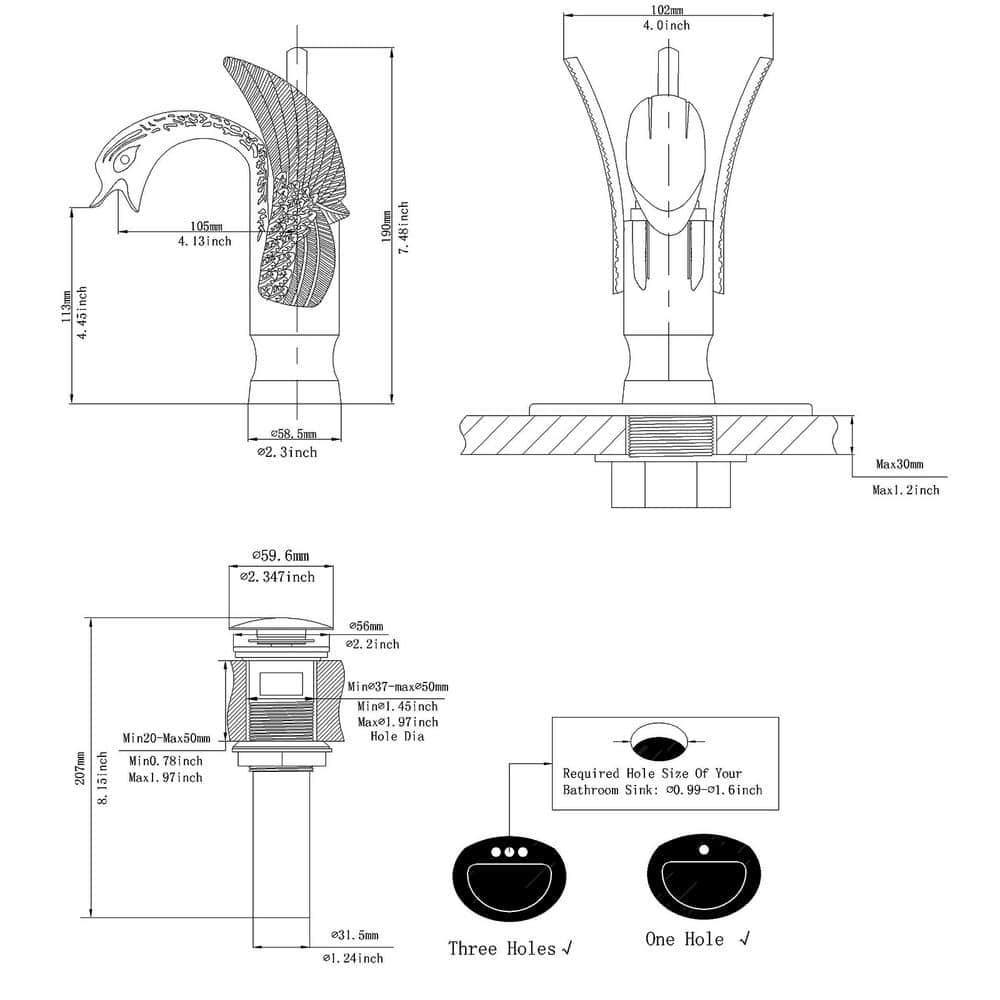 BWE Swan Single Hole Single-Handle Bathroom Faucet And Pop Up Drain & Overflow Cover