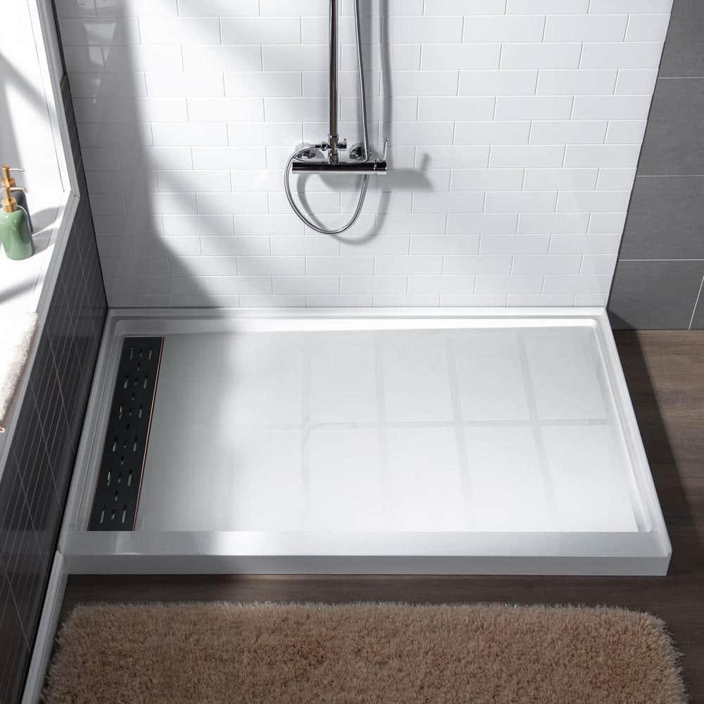 60" x 36" Solid Surface Single Threshold Shower Pan Base with Drain Assembly & Drain Cover Included, Non-Slip
