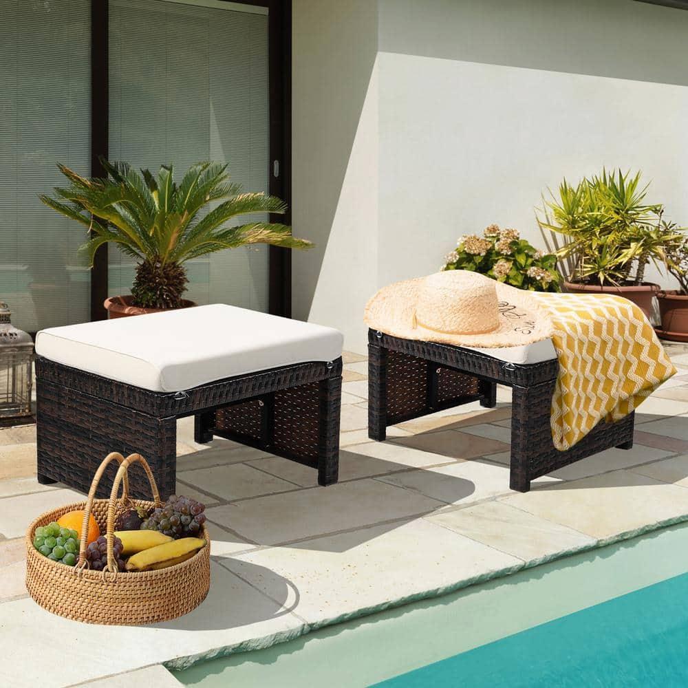 Spaco 2 Pieces Outdoor Patio Rattan Wicker Ottoman Set with Soft Cushion for Garden, Balcony, Poolside, White