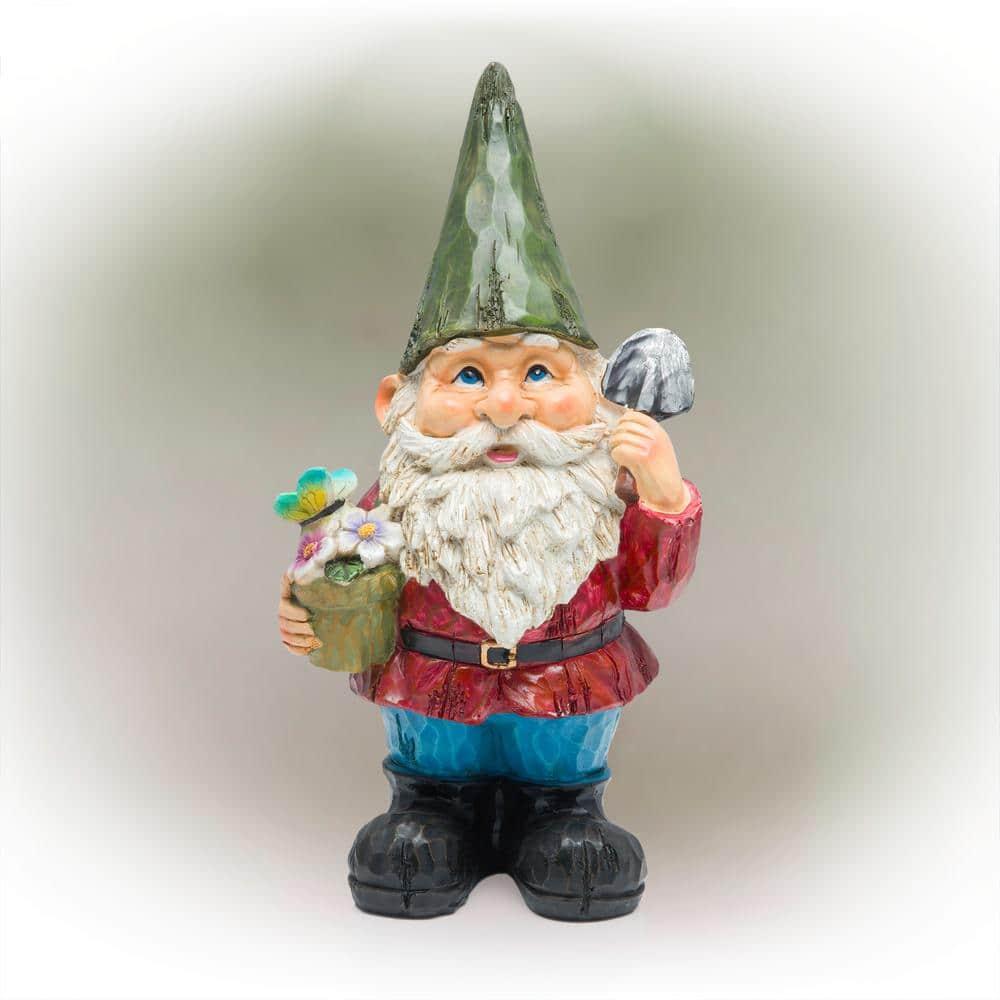 12" Polyresin Gnome With Flower Pot Statue - Alpine Corporation: Outdoor Decorative Sculpture for Patio & Garden