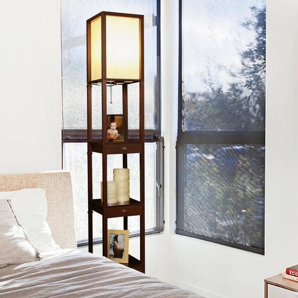Maxwell 72 in. Havana Brown Traditional 1-Light LED Energy Efficient 3-Drawer Floor Lamp with Beige Fabric Square Shade