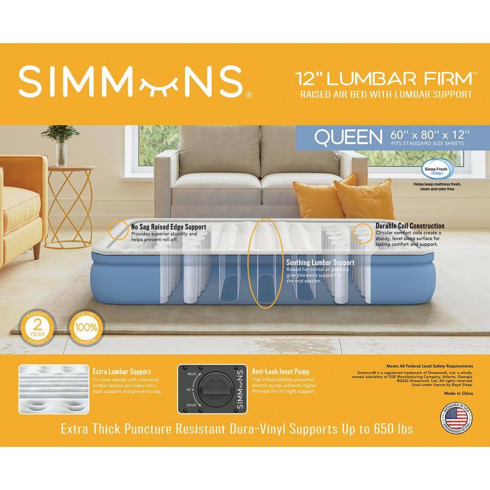 Simmons Lumbar Firm 12" Infltable Blow-up Air Bed Mattress with Built-in Pump Queen
