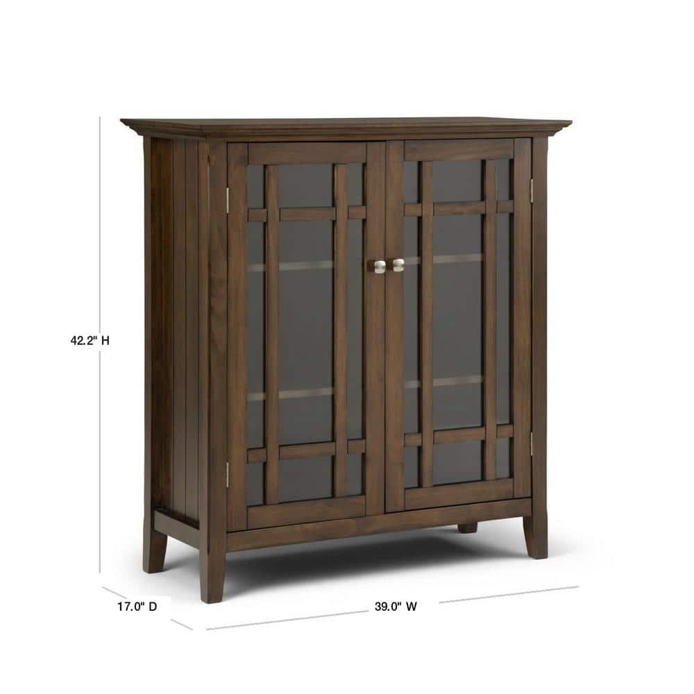 Simpli Home Bedford 39"W Solid Wood 4-Shelf Medium Storage Cabinet with Glass Doors and Adjustable Shelves